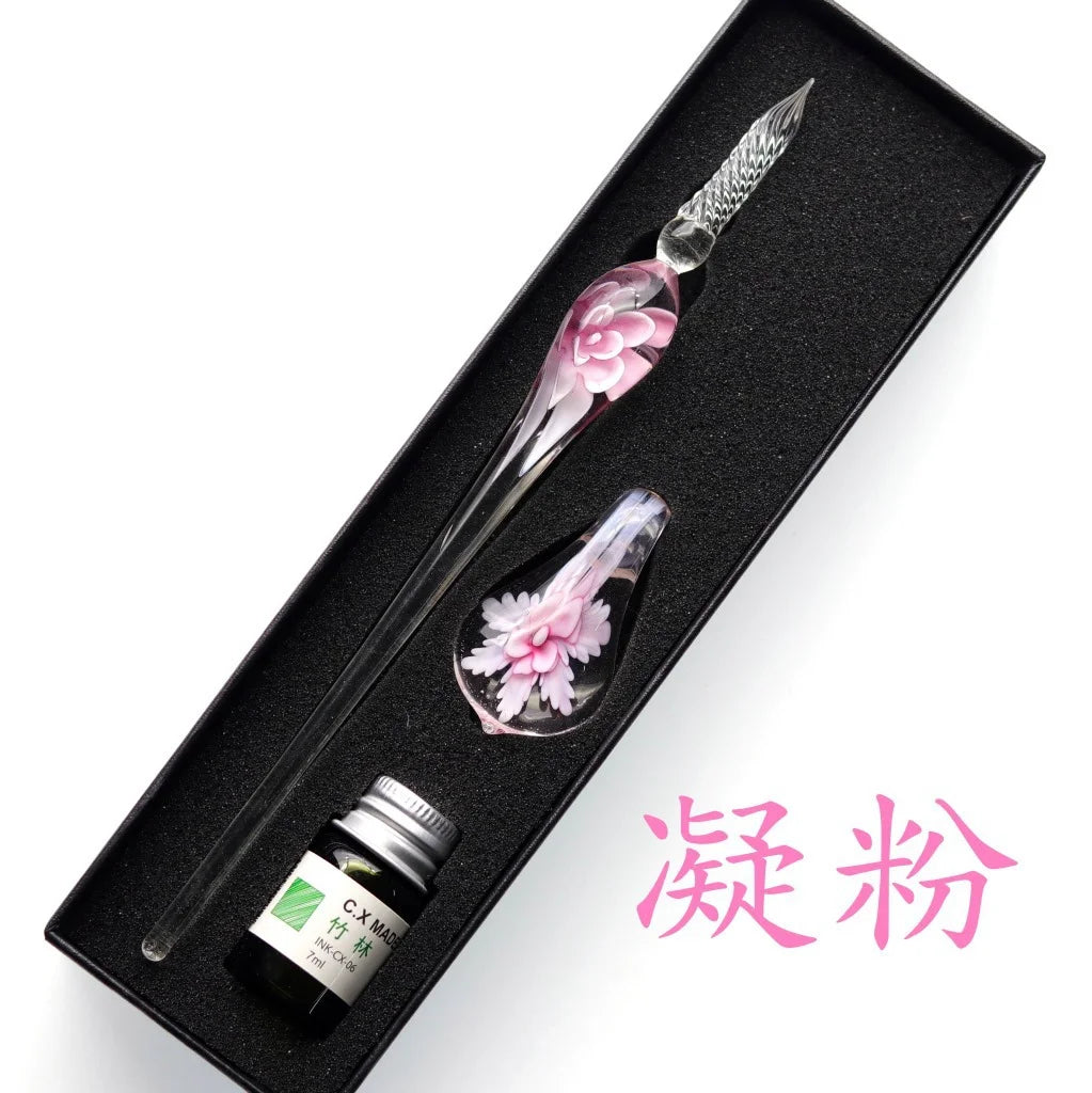 Embedded flower glass pen set, colored dipping pen, street vendor gift box, signature pen, glass pen gift