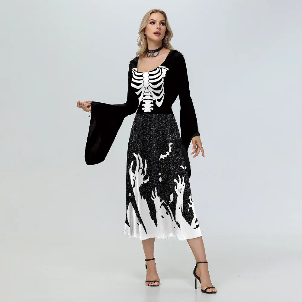 Halloween Skeleton Cosplay Costumes for Women Medieval Robe Vintage Party Hooded Dress Witch Scary Clothes Day of The Dead