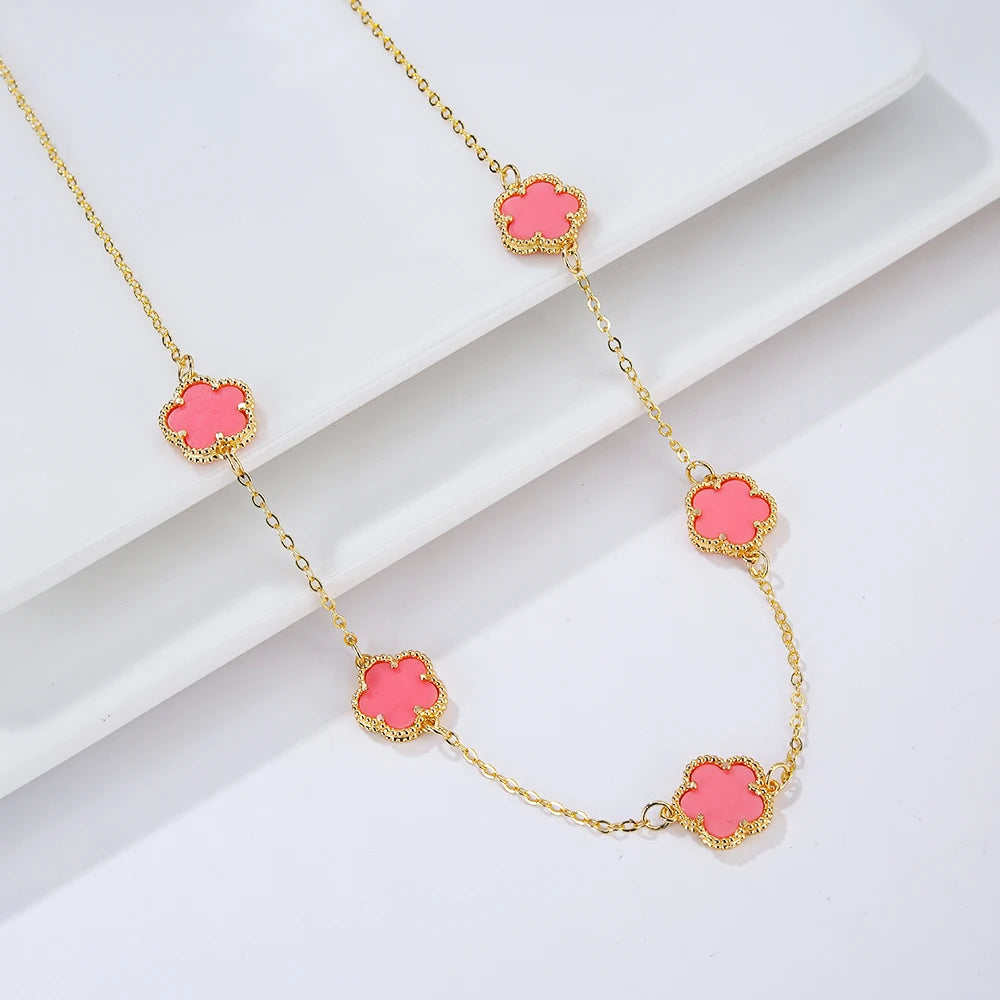 Double Sided Plum Blossom Natural Stone Hot Selling Plant Five Leaf Flower Pendant Necklace Collarbone Chain Woman Clover
