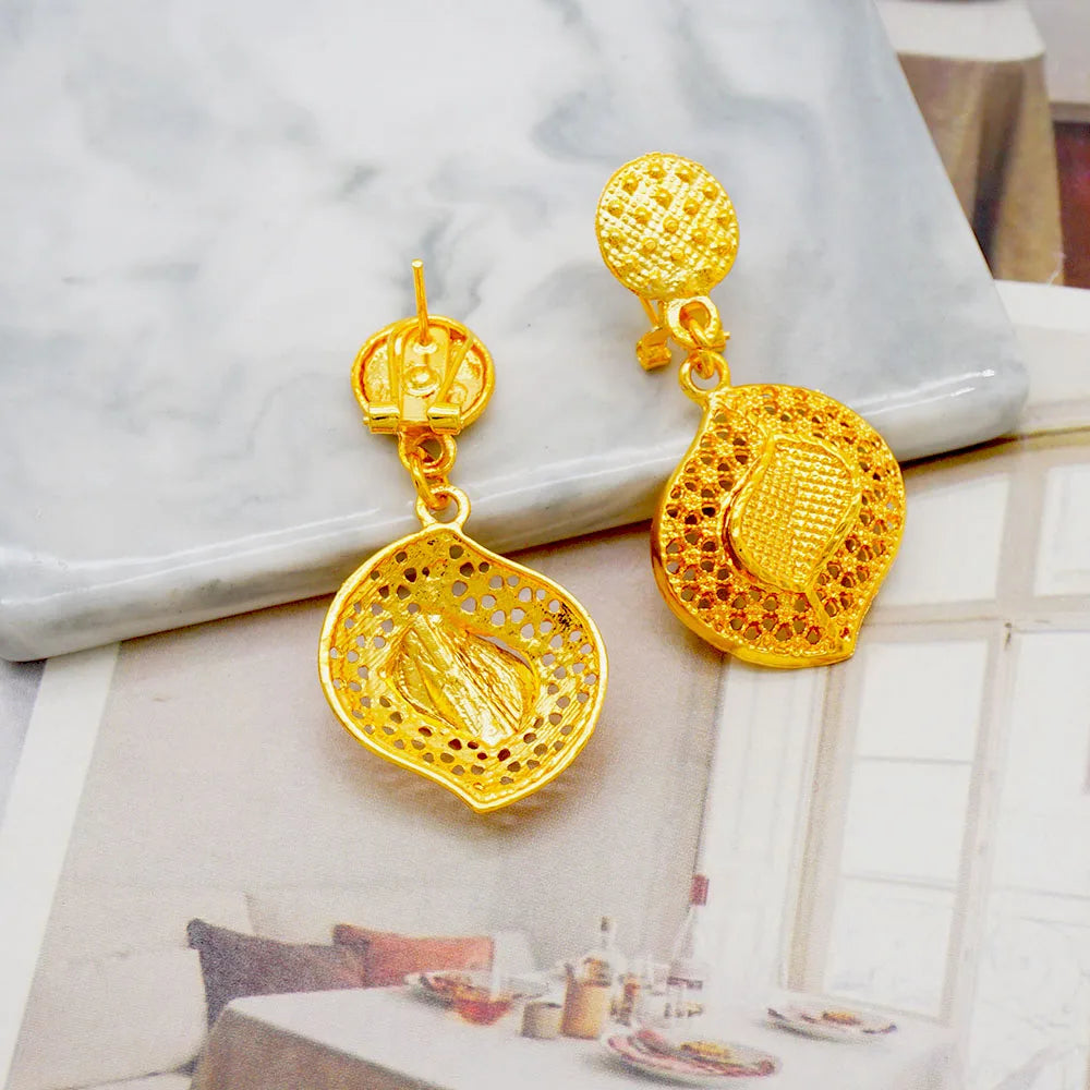 GDJWRI New Luxury Necklace and Earrings Jewelry Set Women Gold Color Copper Elegant African Ethiopian Dubai Wedding Party Gift