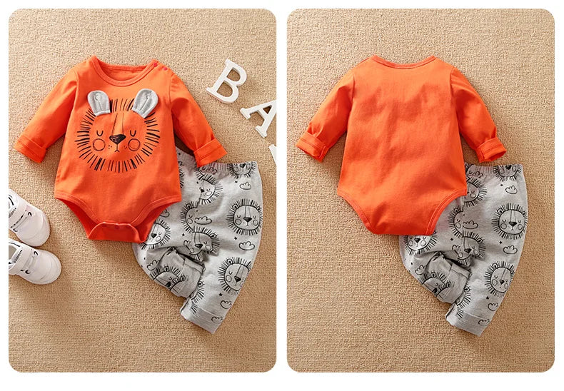 0-18 Months Baby Pure Cotton Set Long Sleeved Clothes And Pants Spring And Autumn Clothing Cute Lion Print Clothes For Babies