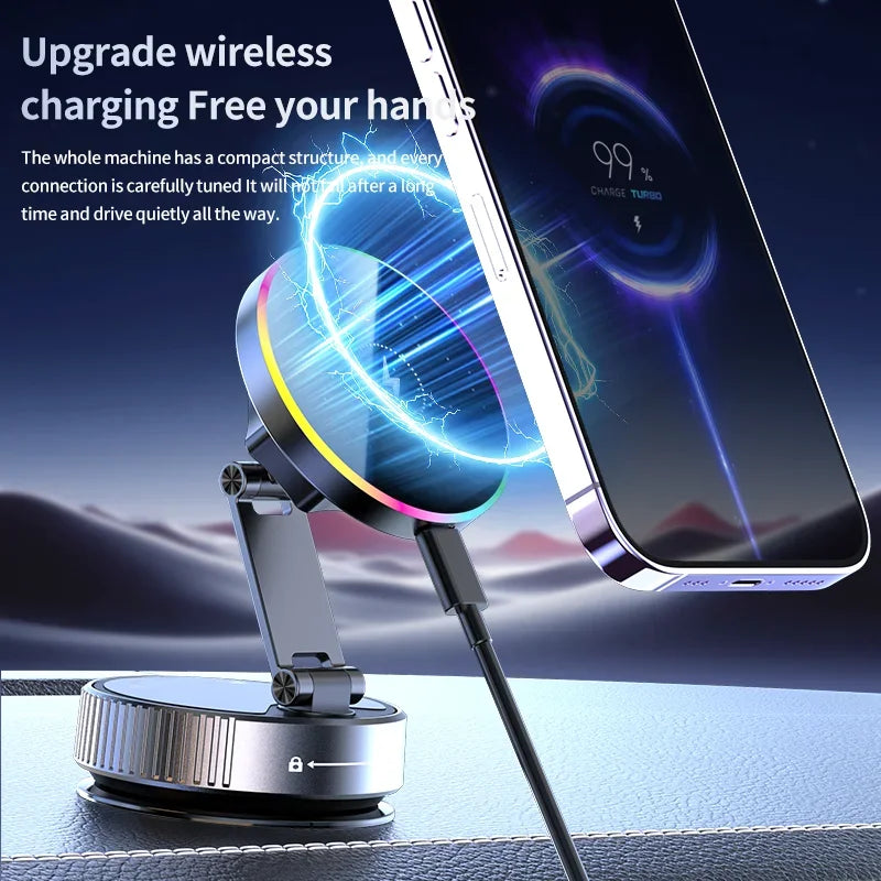15W Vacuum Suction Magnetic Wireless Charger Car Phone Holder Mount 360 degree Rotatable Compatible with Smartphones for iPhone