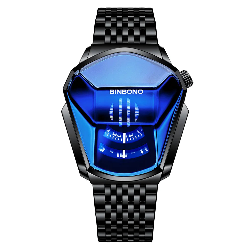BINBOND Men Popular Fashion Motorcycle Concept Quartz Watch Luminous Steel Band Mesh Watch Touch Screen black technology watch