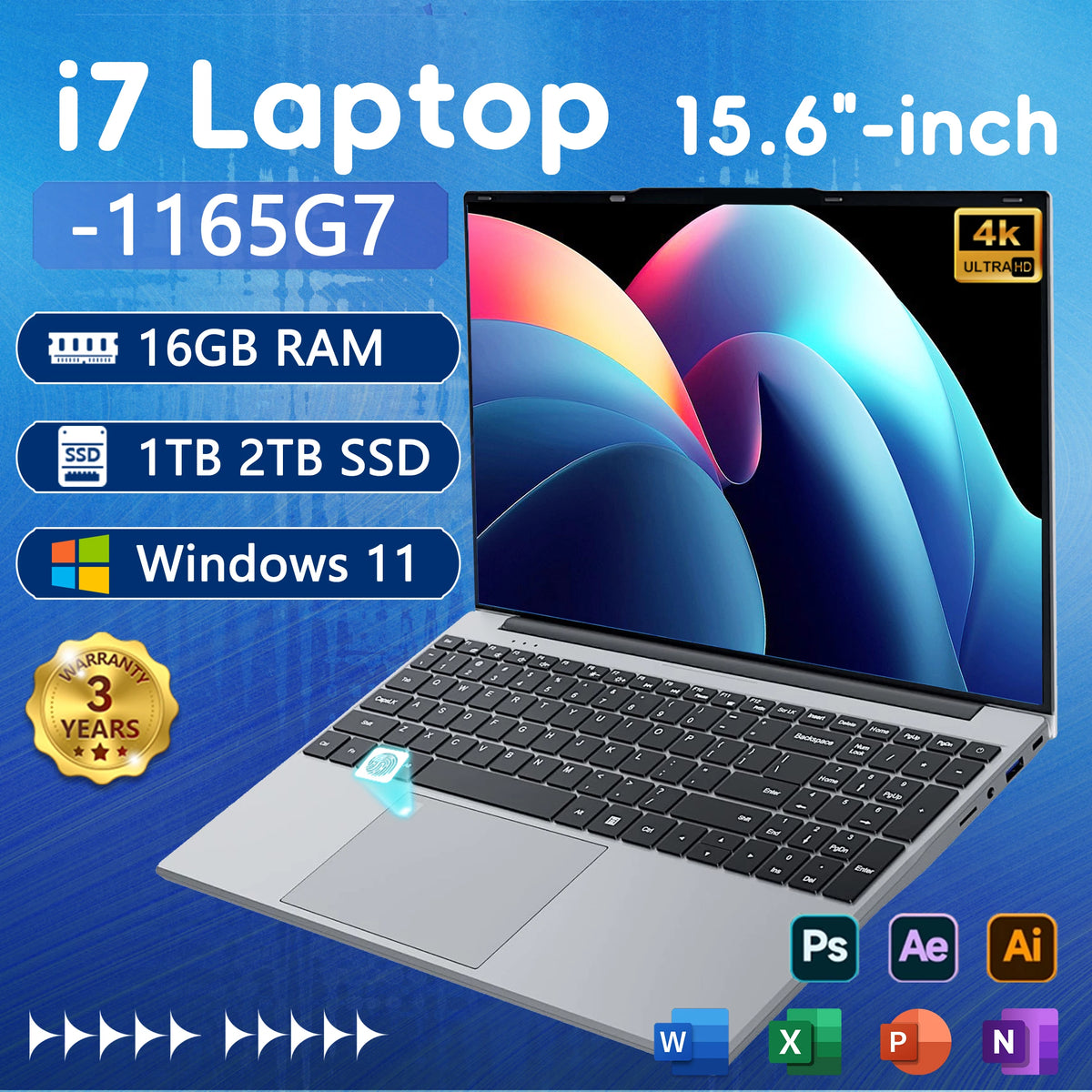 New I7 15.6' Laptop Computer PC Intel Core I7-1165G7 16GB RAM 1/2TB SSD Windows 11 Fingerprint Unlock Notebook Backlight Laptop