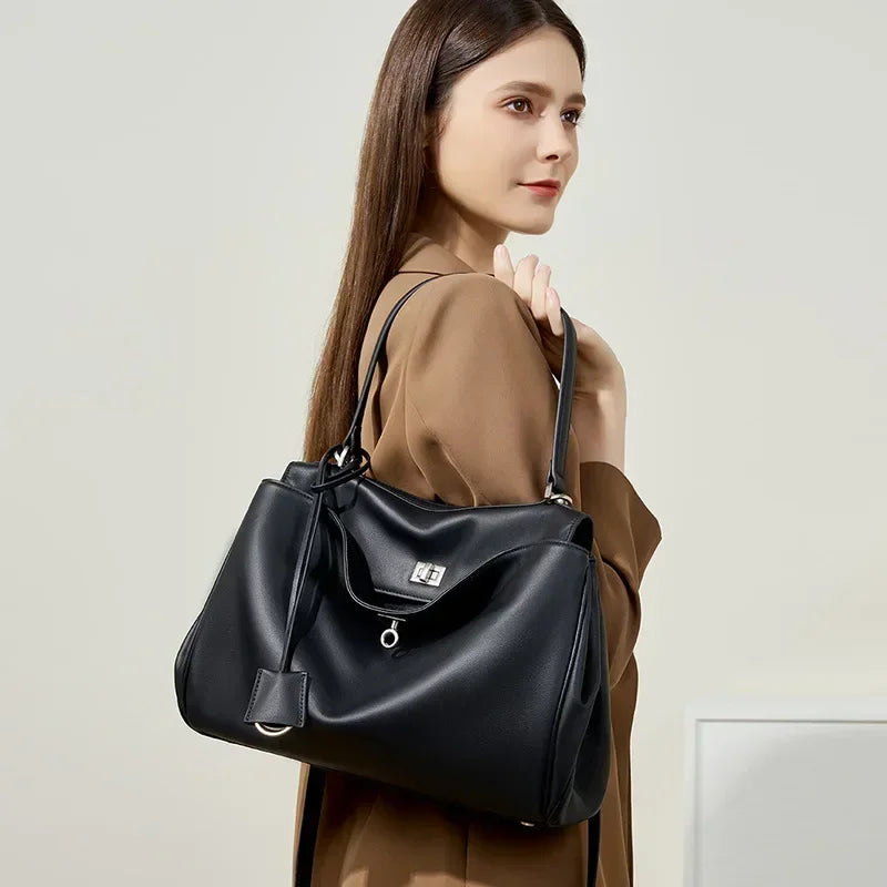 2025 New Luxury Tote Bag for Women Genuine Split Cow Leather Crossbody Shoulder Bag Top-Handle Work Lock Closure Underarm Purse