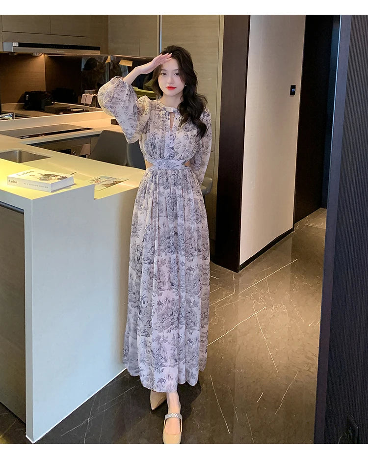 Elegant Boho Vintage Dress 2025 Spring Casual Printed Maxi Vestido Woman Sexy Hollow Waist Chiffon Beach Dress Female Clothing