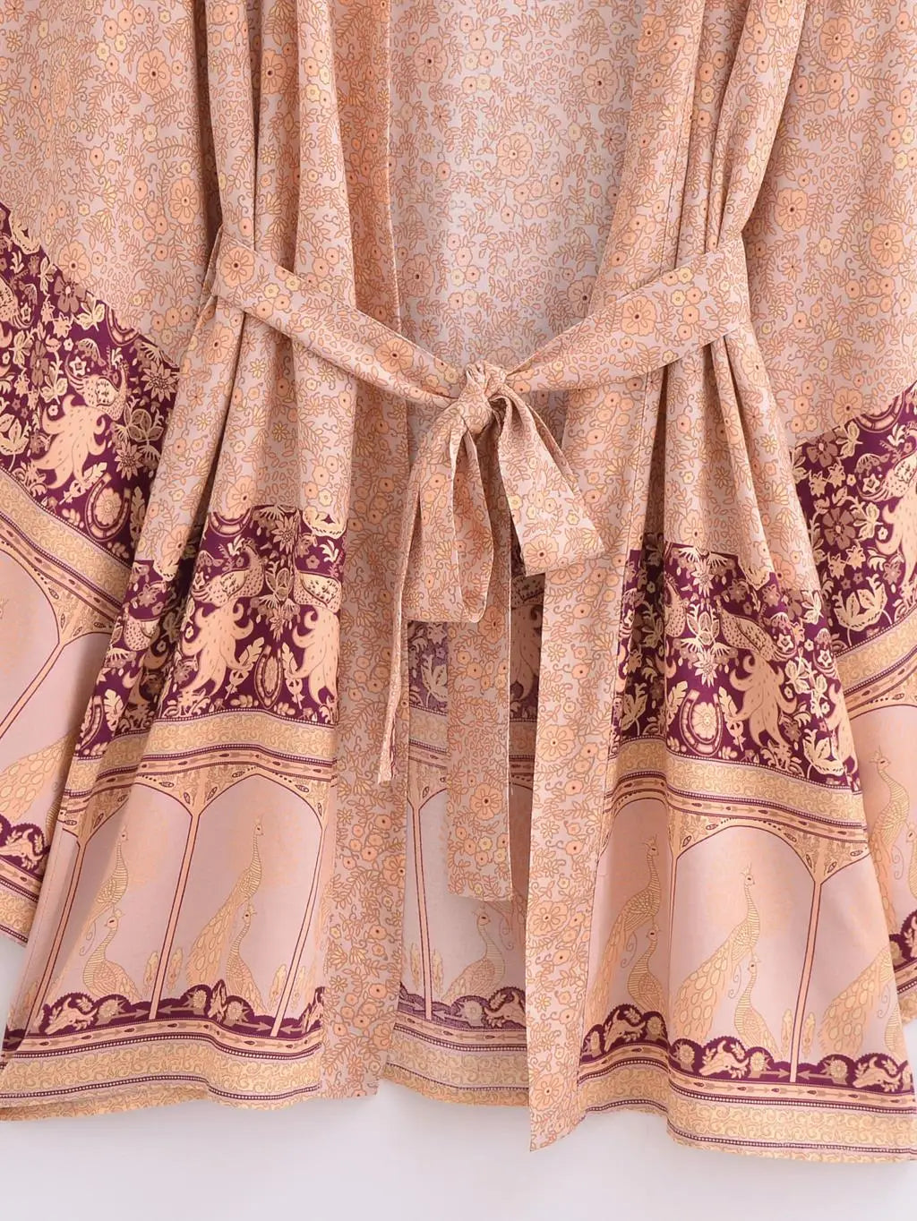 BOHO Women Blue With Pink Flower Print Kimono Shirt Holiday Tide Bow Sashes Mid Long Cardigan Summer Blouse Beach Cape
