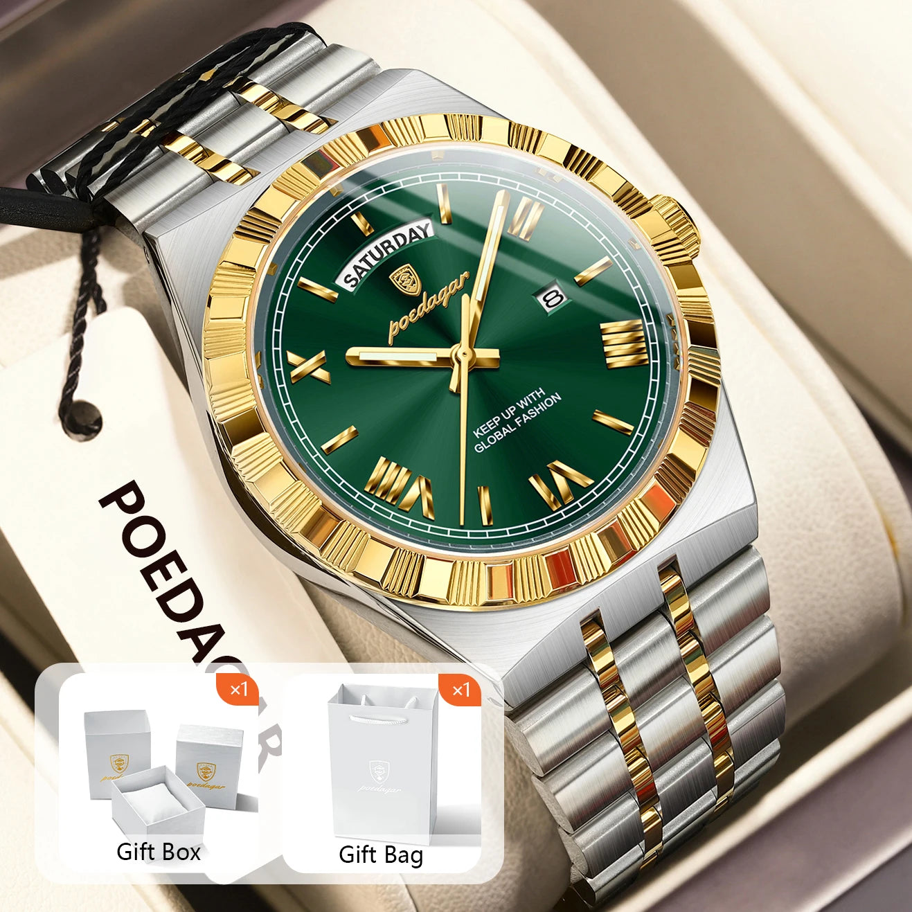 POEDAGAR Original Male Watch Luminous Waterproof Week Date Men Wristwatch Stainless Steel Business Quartz Men's Watches Gift+Box