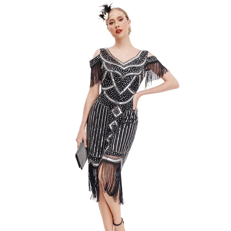Women Fringe 1920s Flapper Dress 20s Gatsby Themed Party Dress Vintage V-neck Off Shoulder Sequin Beaded Cocktail Dress