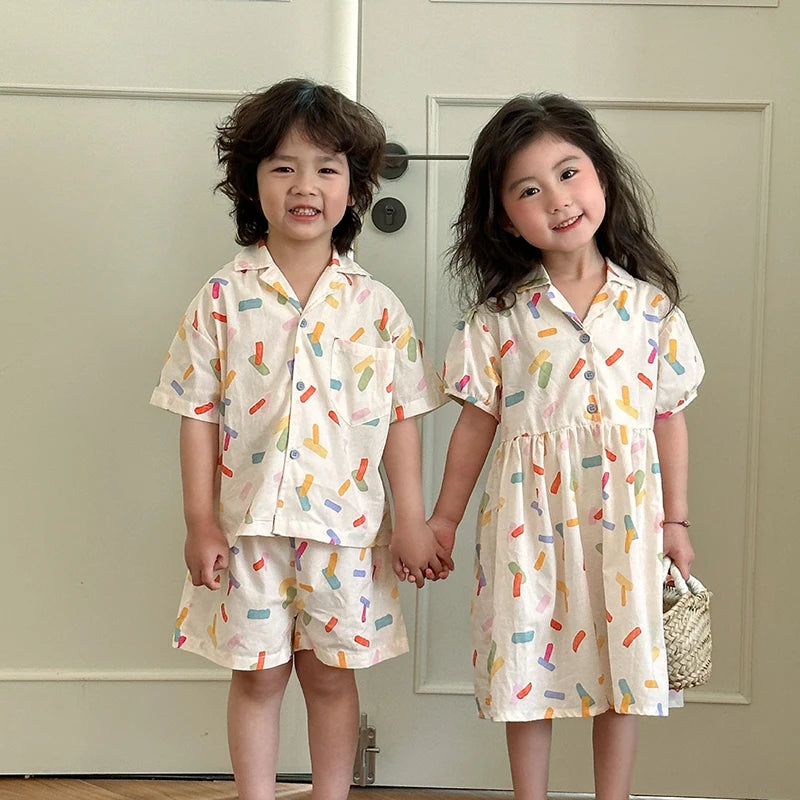 2025 New Vacation Style Cotton Kids' Summer Clothing Set Girls Sundress for 80 - 150cm Boys and Girls Sibling Outfits