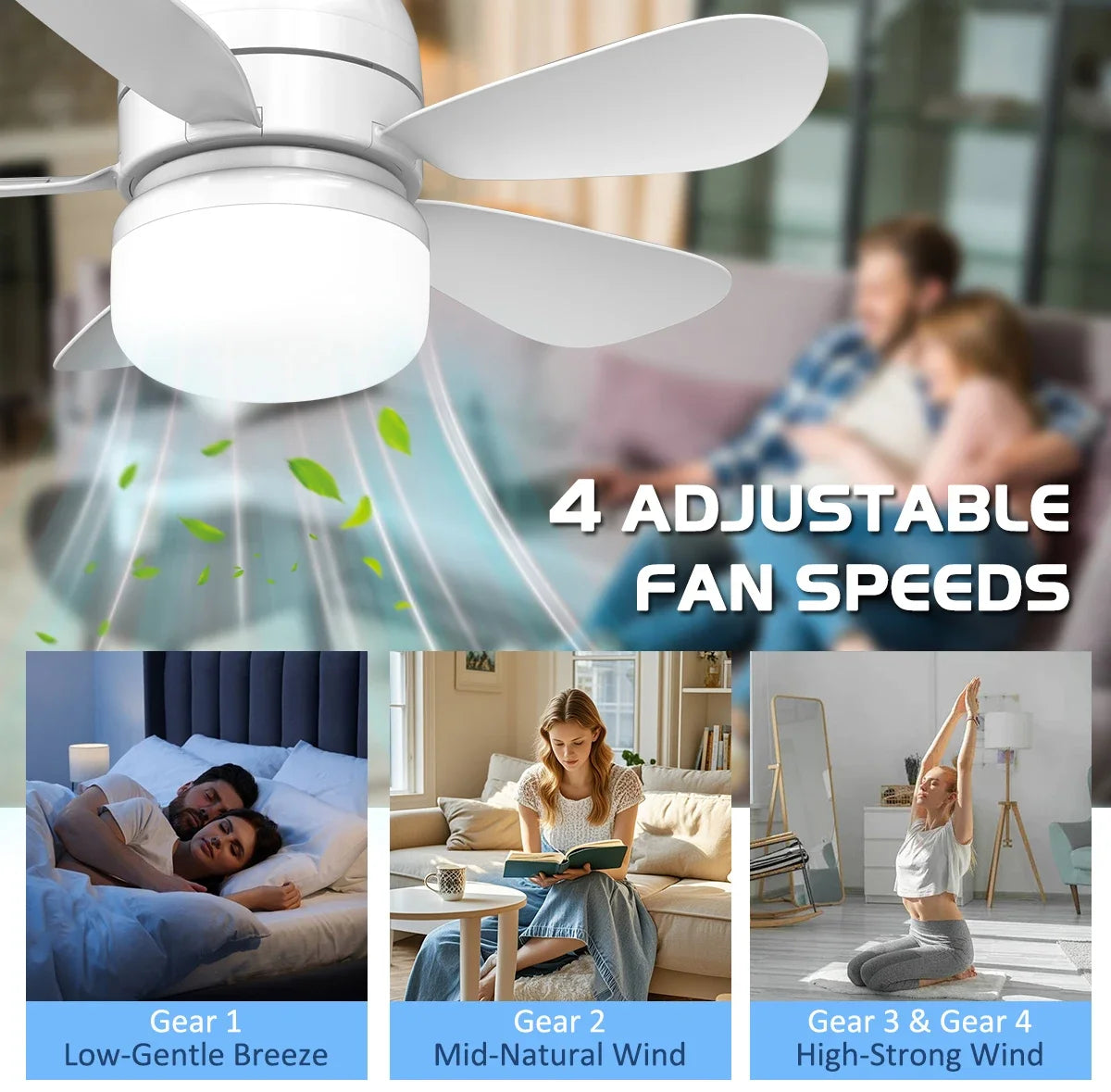 Indoor Fan Light Bulb Dimmable LED Ceiling Fans with Lights Remote Adjustable Color and Brightness Fan for Kitchen Bedroom