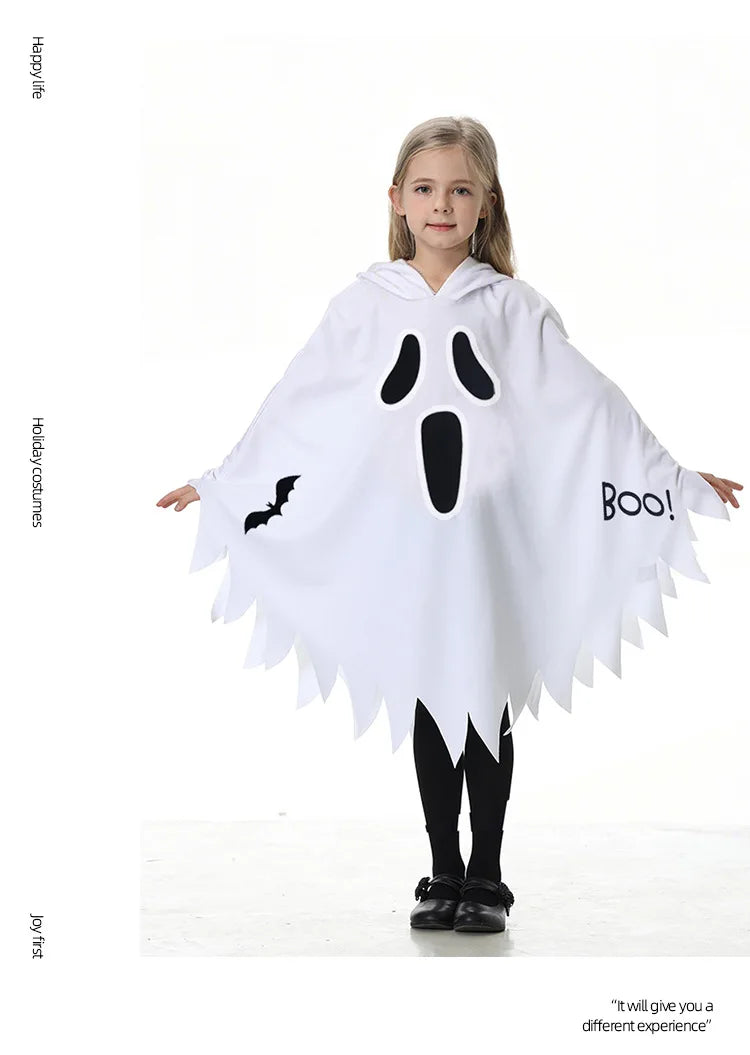 Halloween children's costumes - glowing white scream ghost face, ghost cape, party dress, dance costume