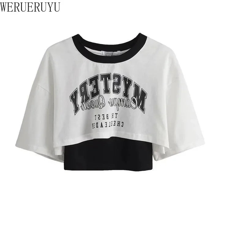 Vintage Print Graphic T-shirt Women Crop Top Short Sleeve Y2k Clothes Summer Loose Sexy Short Two-piece T-shirt Set Womens 2025