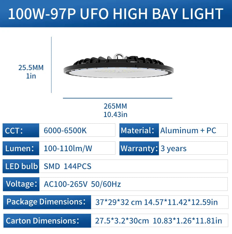 4-Pack 100-200W 30000LM UFO LED High Bay Light, 120° Wide Beam Angle, 5000K Daylight White, IP65 Waterproof Commercial Warehouse