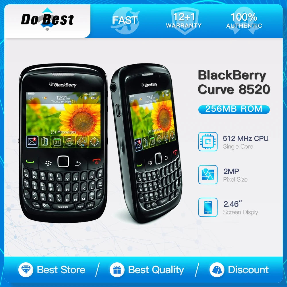 Original Blackberry 8520 Curve 2G Mobile Phone 2.46'' 2.0MP QWERTY WiFi Bluetooth Cellphone BlackBerryOS SmartPhone