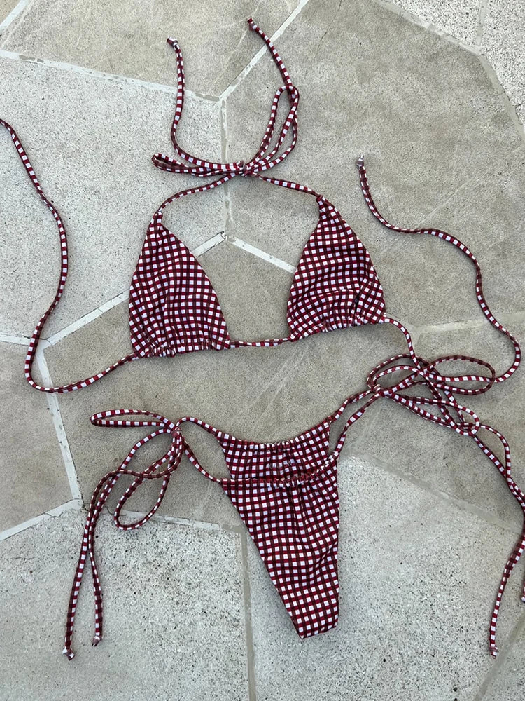 2025 New Sexy Low Waisted Bikini Set Swimsuit Swimwear Women Strappy Print Brazilian Halter Thong Beachwear Bathing Suit biquini