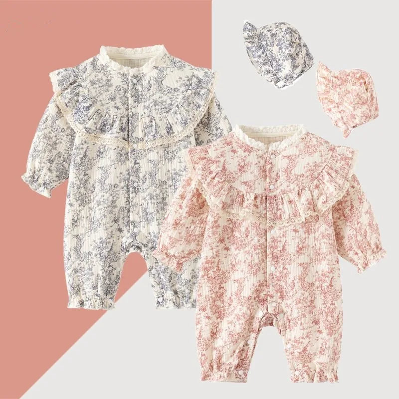 Bellbell Infant Baby Girl Rompers Early Autumn Floral Printed Toddler Kid Girl Jumpsuits 6-24M Newborn Girls Bodysuits with Hats