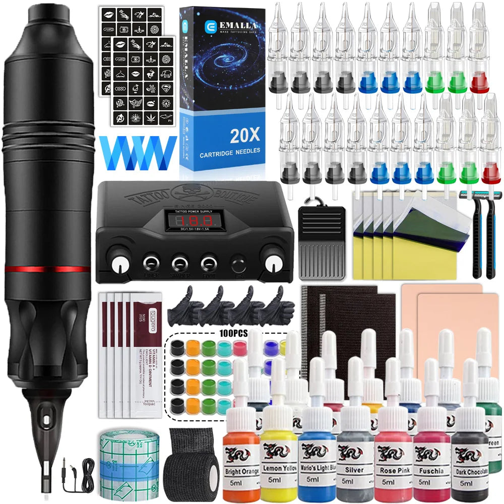 Professional Tattoo Machine Pen Kit with Cartridge Needles Power Supply Tattoo Inks Rotary Tattoo Pen Set for Beginners Body Art