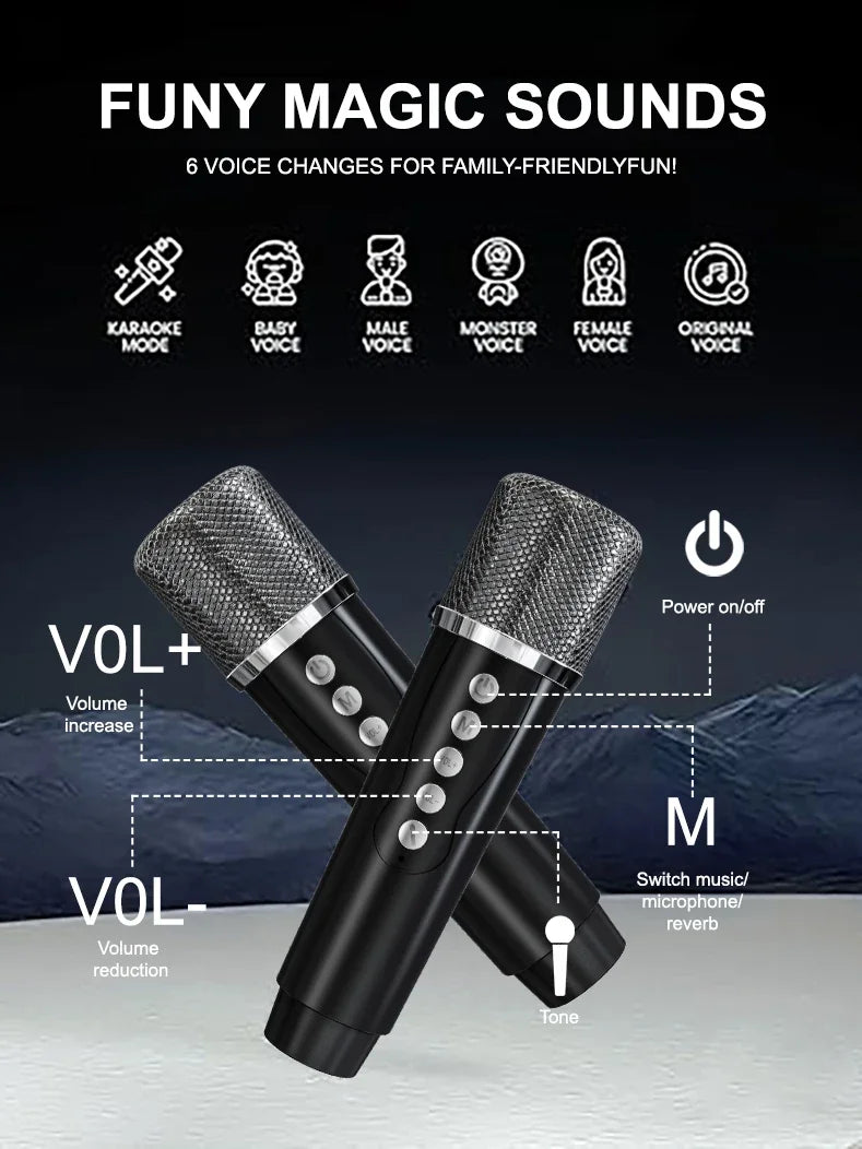 Karaoke Machine with 2 Wireless Microphones, Portable Bluetooth Speaker with Bass/Treble Adjustment, Supports TF Card/USB/AUX