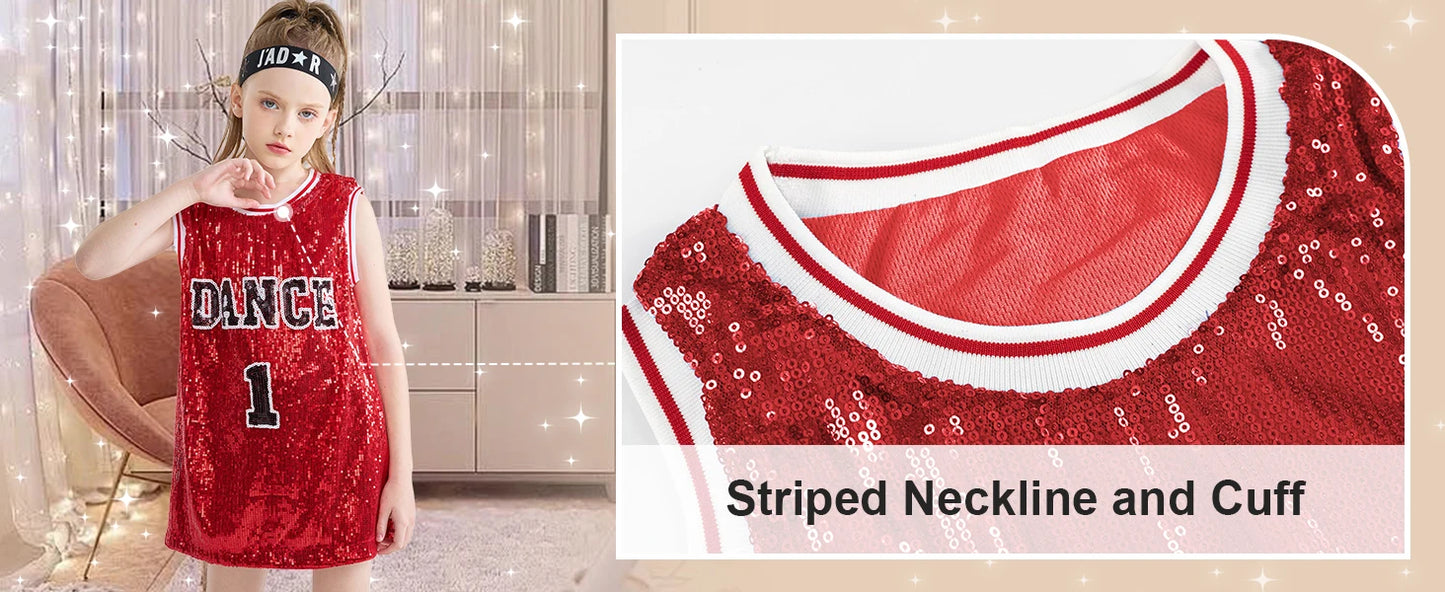 LOlanta Girls Hip Hop Dance Clothes Kids Jersey Sequin Dress Long Tank Top Jazz Cheerleading T-Shirt