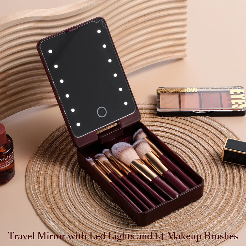14 PCS Makeup Brush Set With Illuminated Mirror Portable Short Handle LED Light USB Rechargeable Makeup Brushes Kit