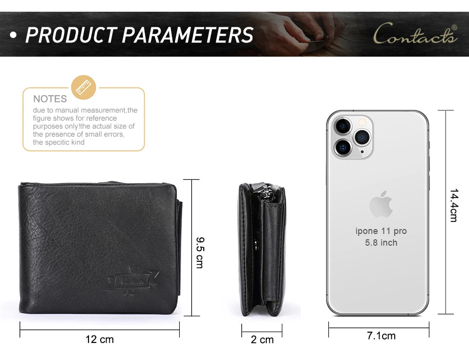 CONTACT'S Genuine Leather Men Wallet Vintage Trifold Hasp Wallet Zipper Coin Purse Card Holder Money Clip Men's Wallets