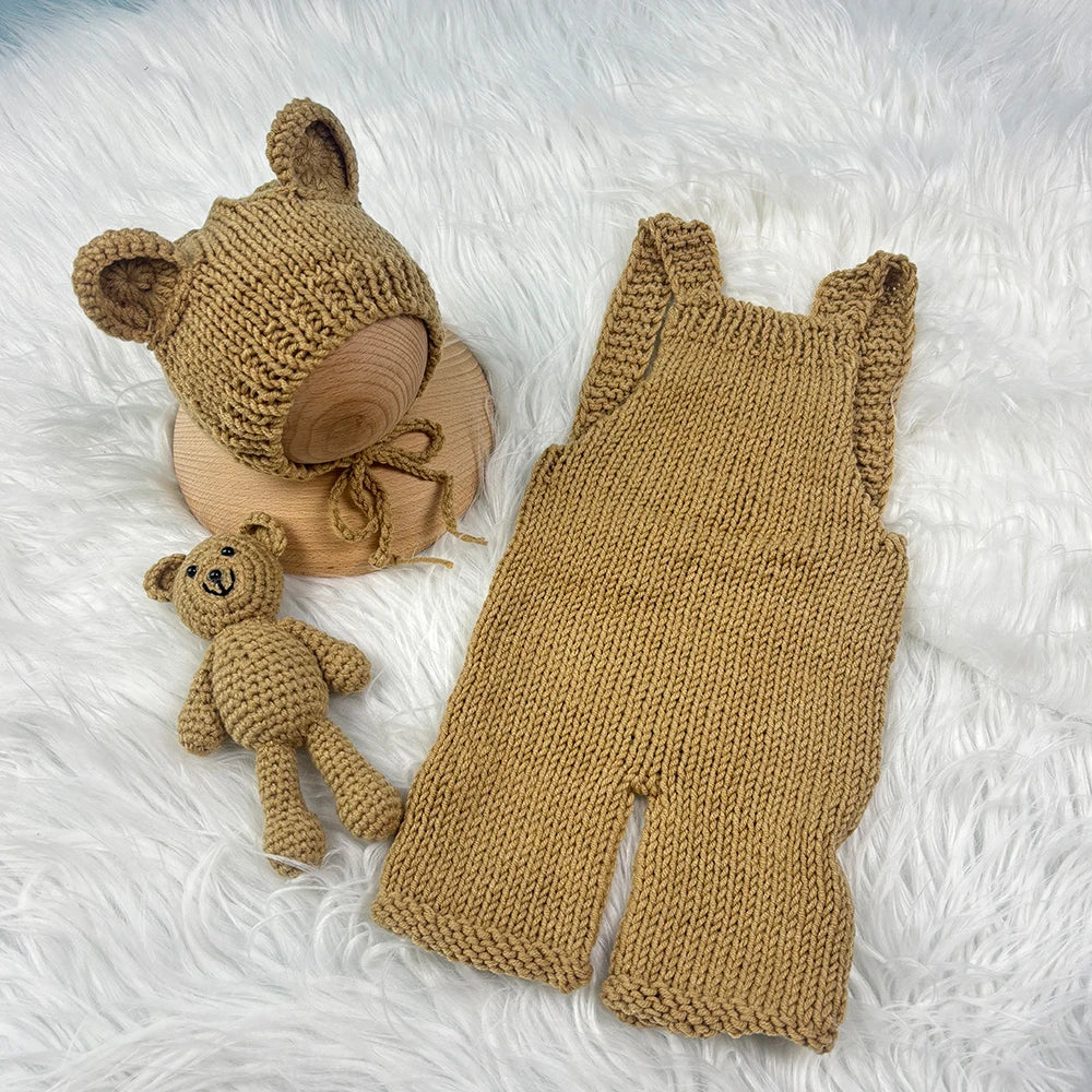 3pcs Baby Cute Costume Newborn Photography Props Crochet Knitted Bear Ear Hat, Bear Doll and Overalls Sets Studio Photos Outfits