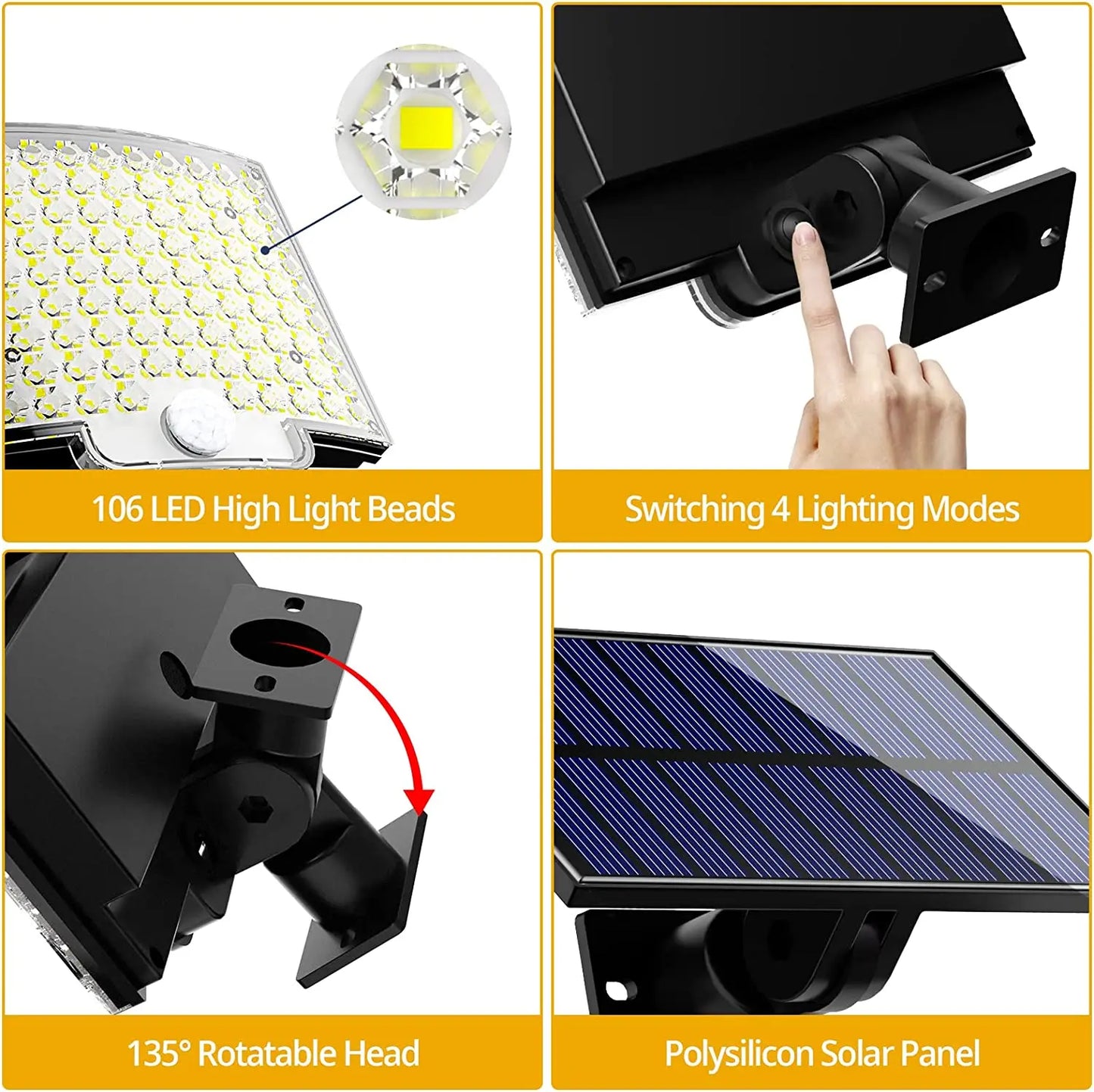 106LED Split Solar Lamp 3 Lighting Mode Outdoor Decoration Sunlight Wall Light PIR Motion Sensor Waterproof Garden Garage Lamp