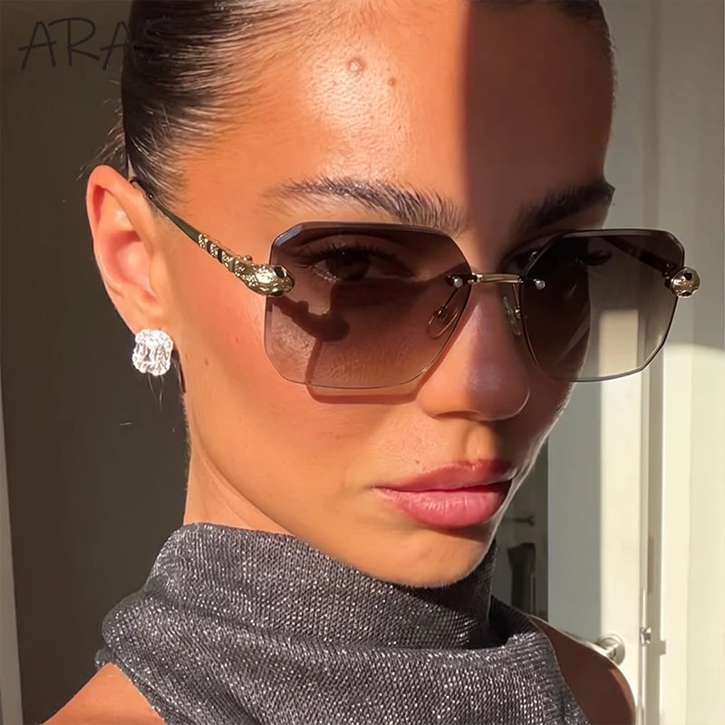 Retro Rectangle Rimless Sunglasses Women 2026 Luxury Designer Punk Square Sun Glasses for Ladies UV400 Gradient Eyewear Shades