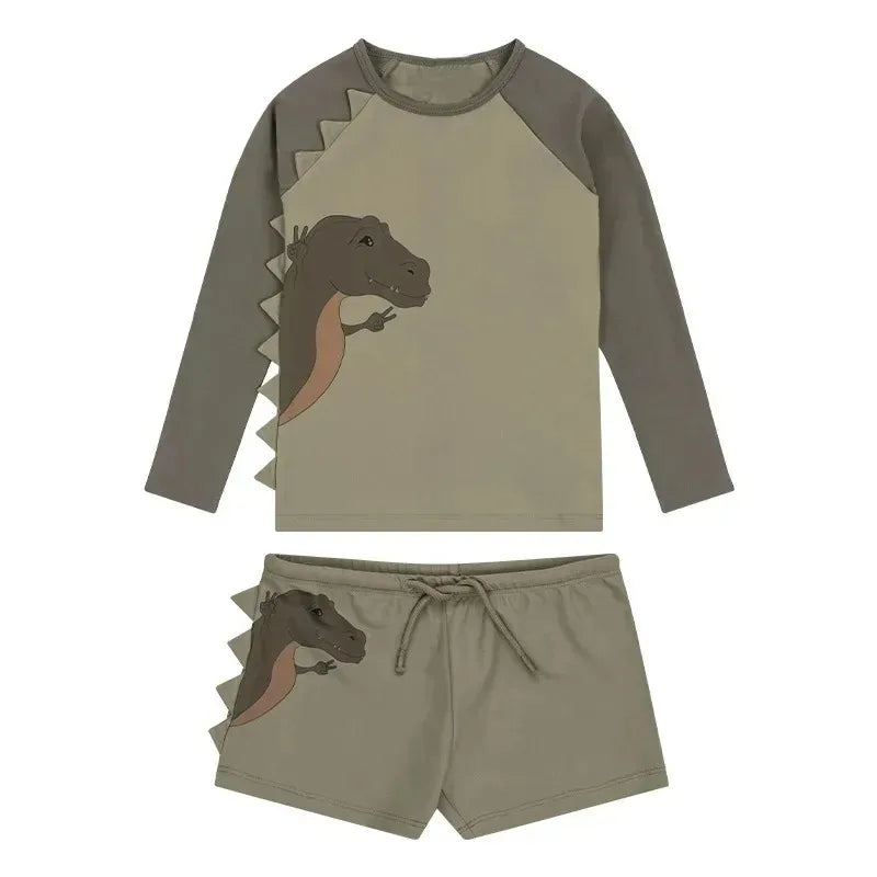 Baby Boy Swimwear Cartoon Dinosaur Print O-neck Long Sleeve Top+drawstring Shorts Kid Split Swimsuit Quick Drying Clothes E23316