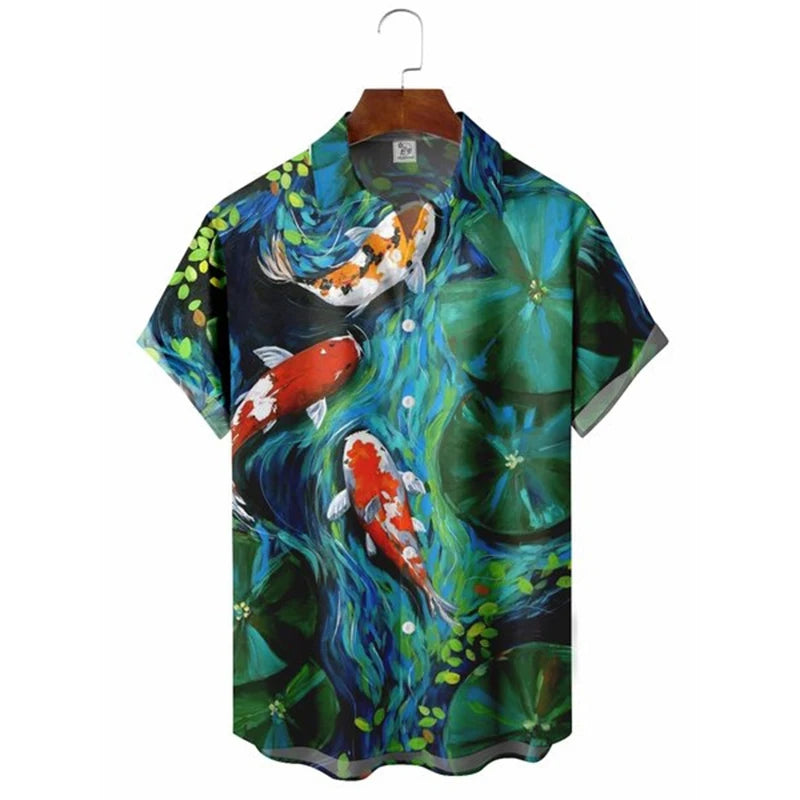 Fashionable summer turtle print shirts Hawaiian button Men's beach short sleeved Casual lapel