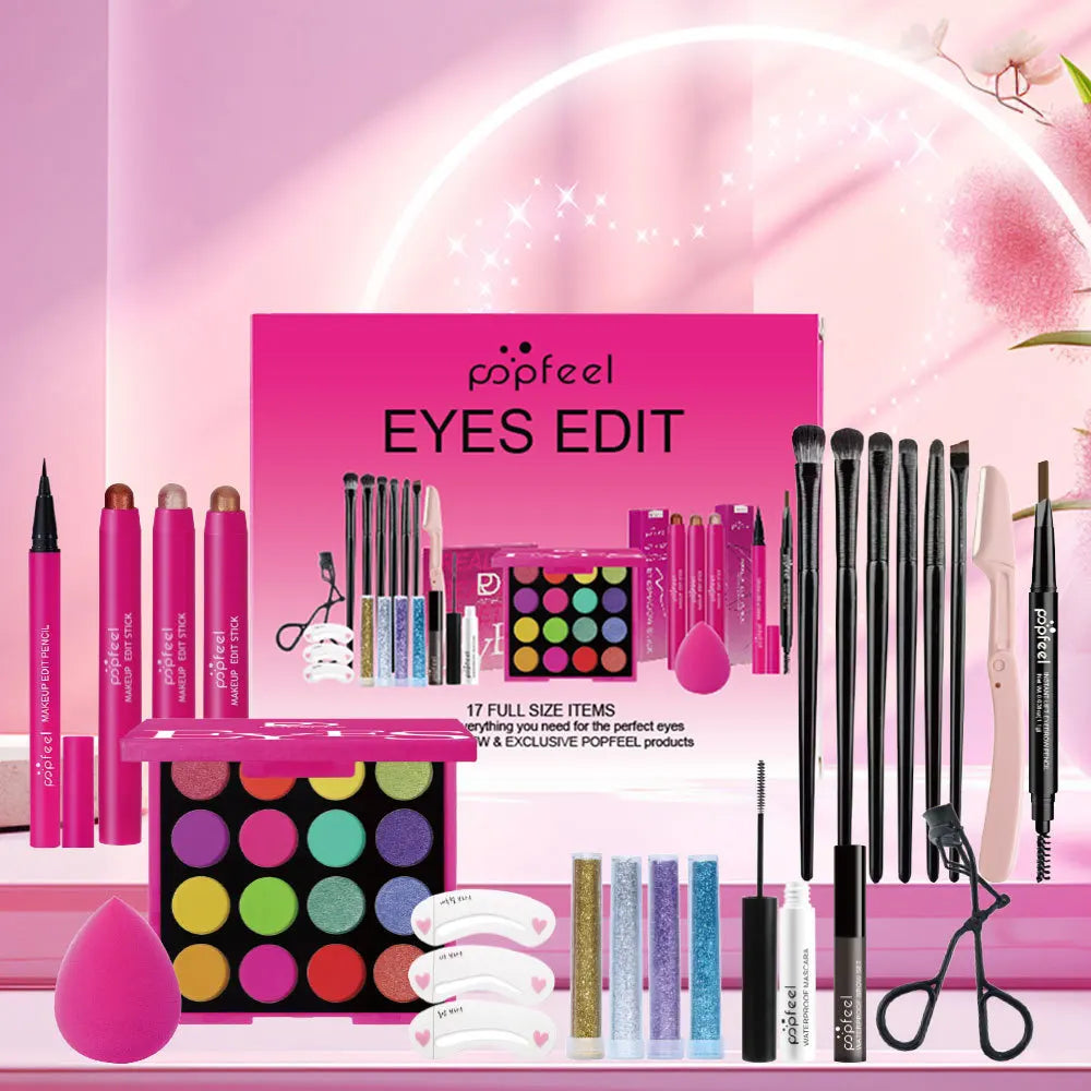 Essential Eye Makeup Set for Beginners Matte&Shimmer Eyeshadow Palette, Mascara, Eyebrow Pencil, Lip Eyeliner,Brush Tool Set Box