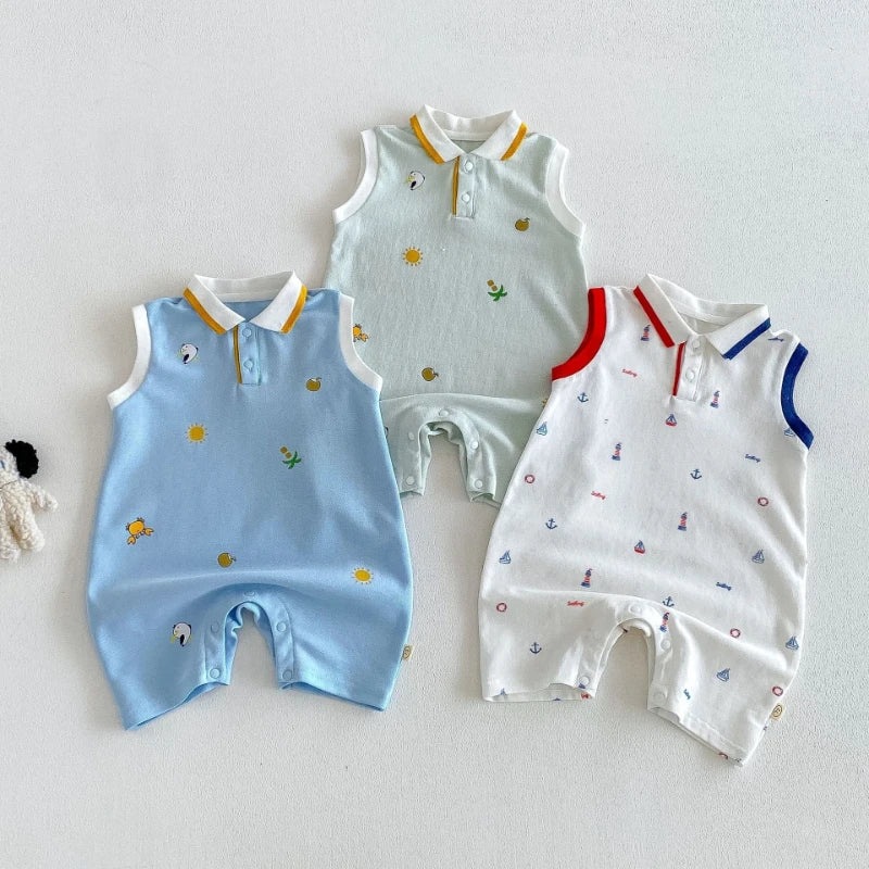 2026 New Summer Baby Fashion Cartoon Printed Cotton Soft Sticky Collar Sleeveless Climbing Clothes