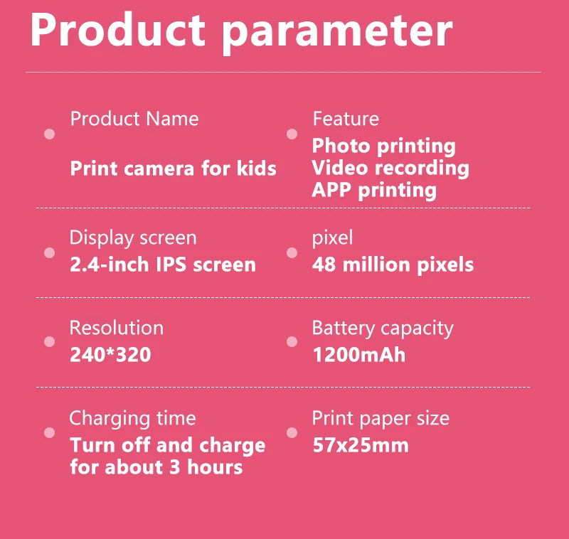 Print Camera for Kids Bluetooth Wireless Inkless Instant Print Connected APP Take Photo Video Record Camera Boys Girls Gift Toys