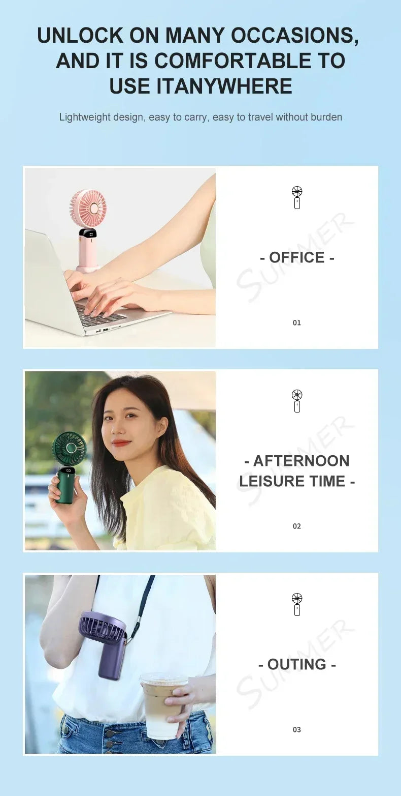 Portable Handheld Mini Fan Foldable Neck Hanging Fans 1800mAh 5 Speed USB Rechargeable Fan with Phone Stand and Display Screen