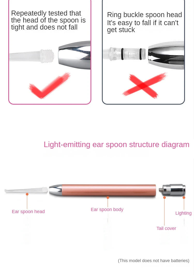 LED FlashLight Earpick Baby Ear Cleaner Endoscope Penlight Spoon Cleaning Ear Curette Light Spoon with Magnifier Ear Wax Removal