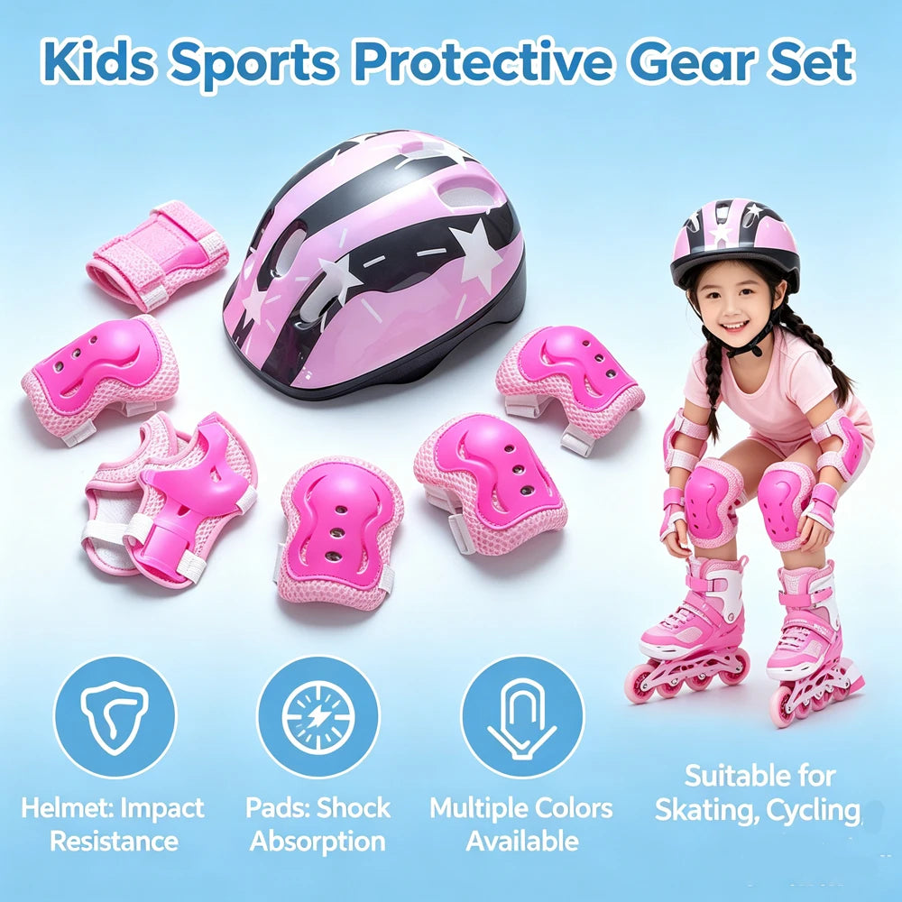 7Pcs/Set Roller Skating Kids Safety Helmet & Knee Elbow Pad Set – Adjustable Protective Gear for Children Cycling, Skateboard