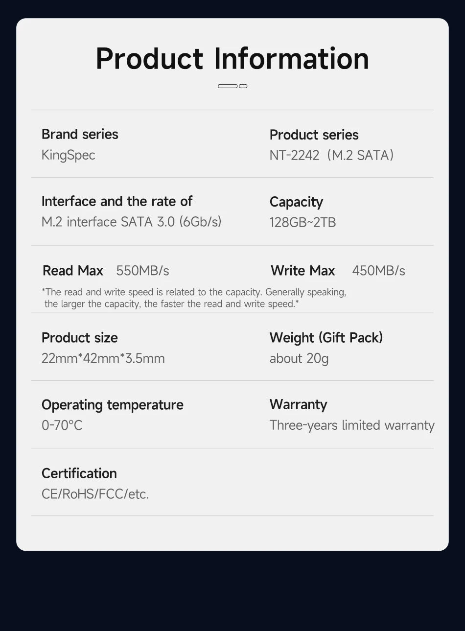 KingSpec NGFF SSD 2242 SATA 128GB 256GB 512GB 1TB M.2 SSD Internal Hard Drive Solid State for Laptop Desktop PC Acer EC 47 Table