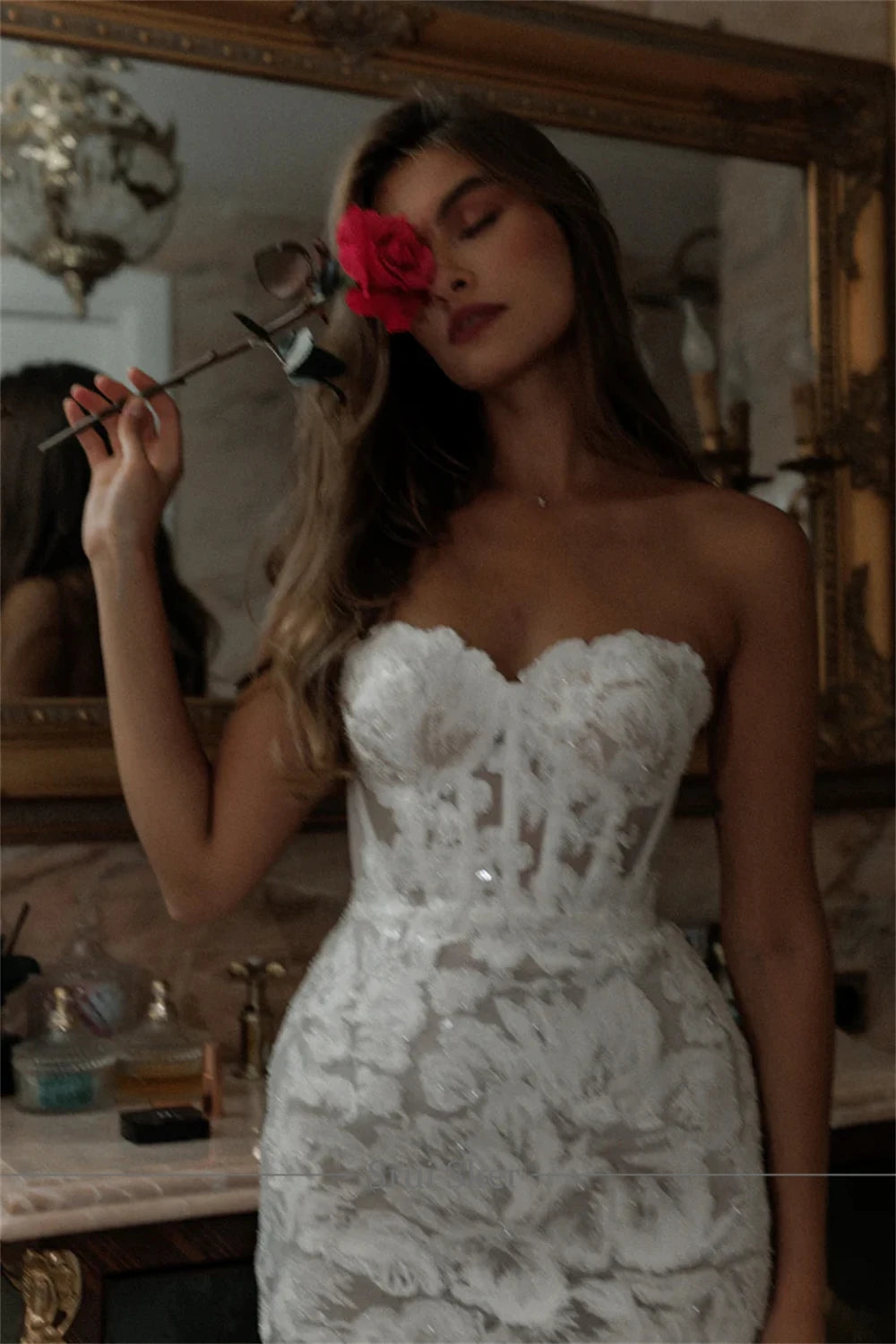 Customized Glitter Lace Wedding Dress Short Strapless Mini Bridal Dress Exquisite A-Line Gown for Bride Elegant Party Attire