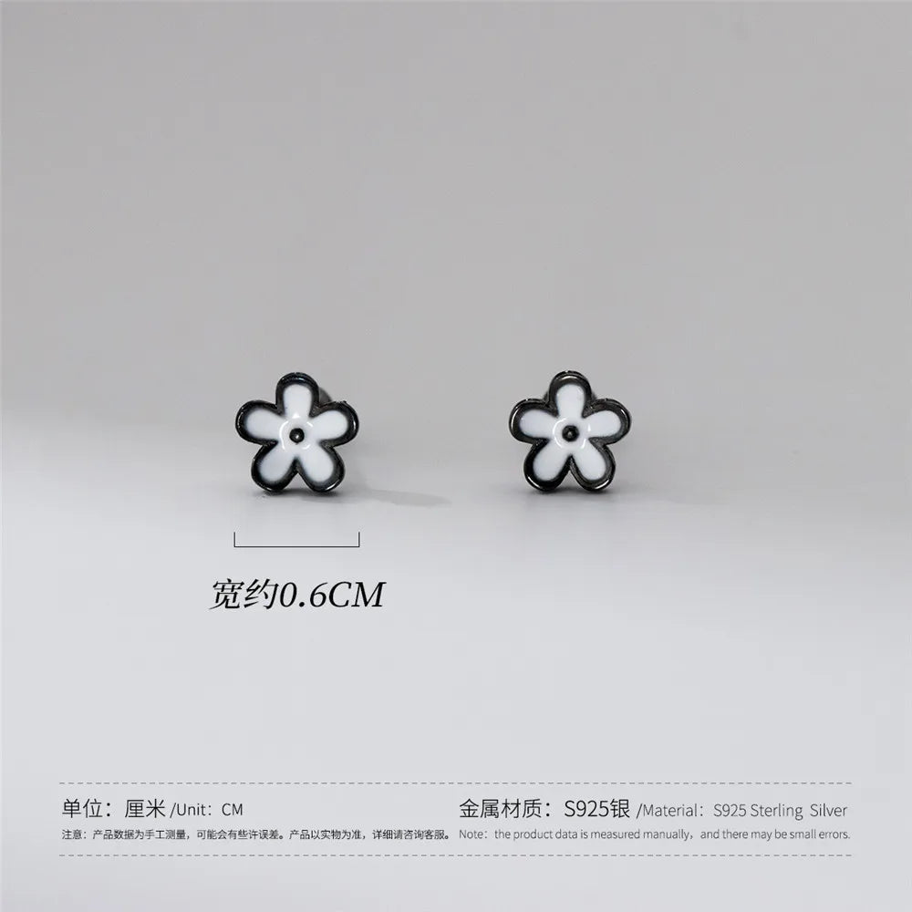 YIZIZAI Womens Earrings Silver 925 Enamel Black Flower  Ear Piercing For Women Screw Silver Stud Earrings