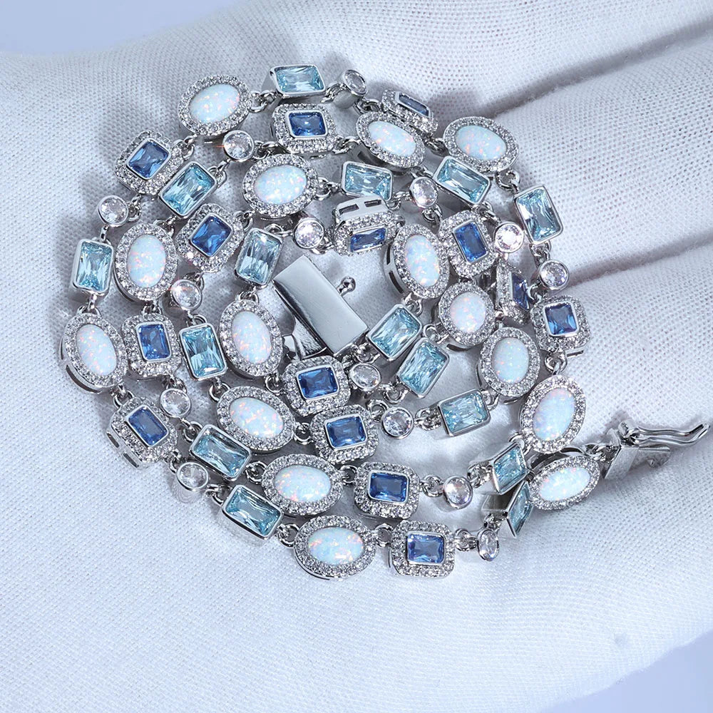 ESKEEM 6mm Geometric Gemstone Motif Iced Out Blue Chain Multicolor CZ Stones White Gold Plated Diamond Necklace Hip Hop Jewelry