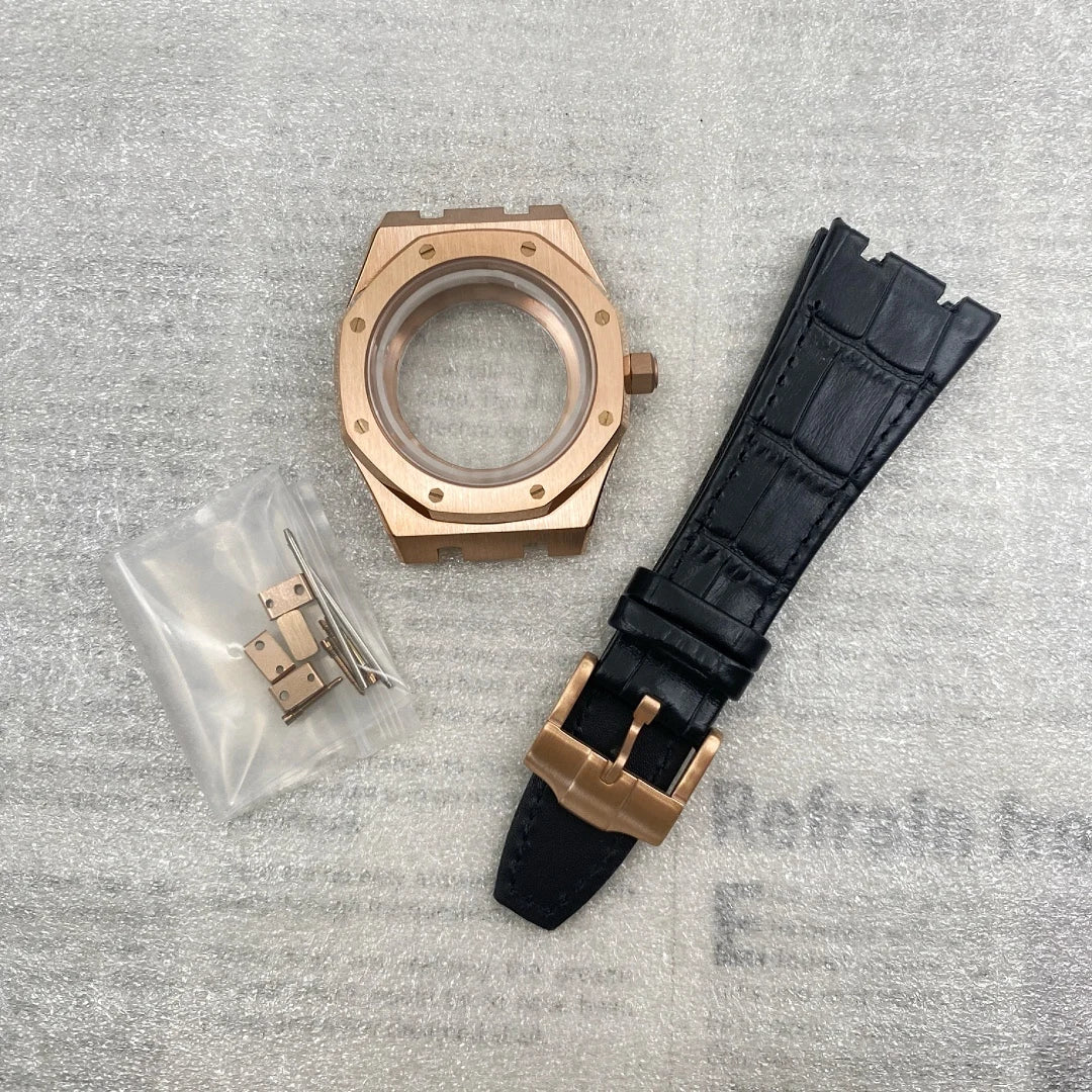 42mm Octagonal Watch Case Leather Bracelet Fit 31.8mm Waffle Dial Sapphire For NH35/36 Automatic Movement Pin Buckle Mod Parts