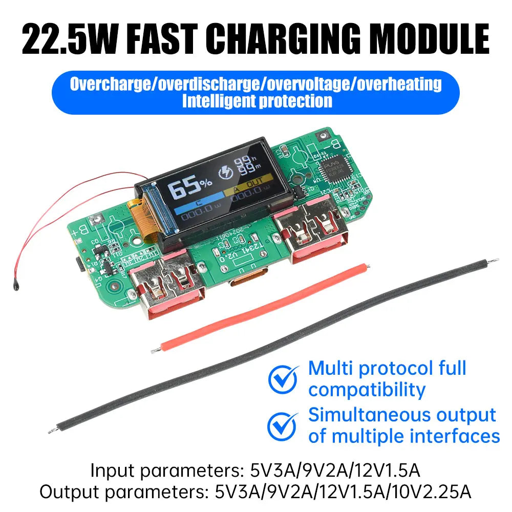 22.5W Fast Charging Module Power Bank DIY Kit TFT Color Screen LCD Display 3.7V Ternary Lithium Battery Supports PD/QC/SCP/VOOC