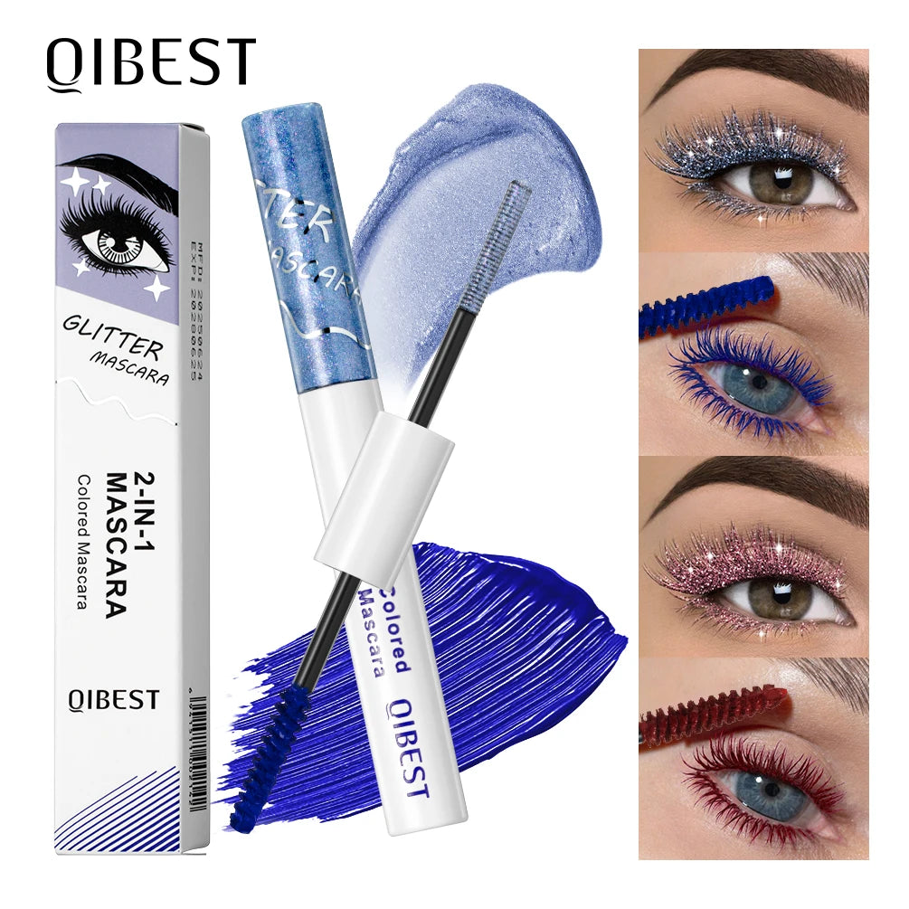 QIBEST Double Head Diamond Glitter Mascara Lasting Colored Mascara Eyelashes Pink Blue Green Red Brown Voluminous Mascara Rimel