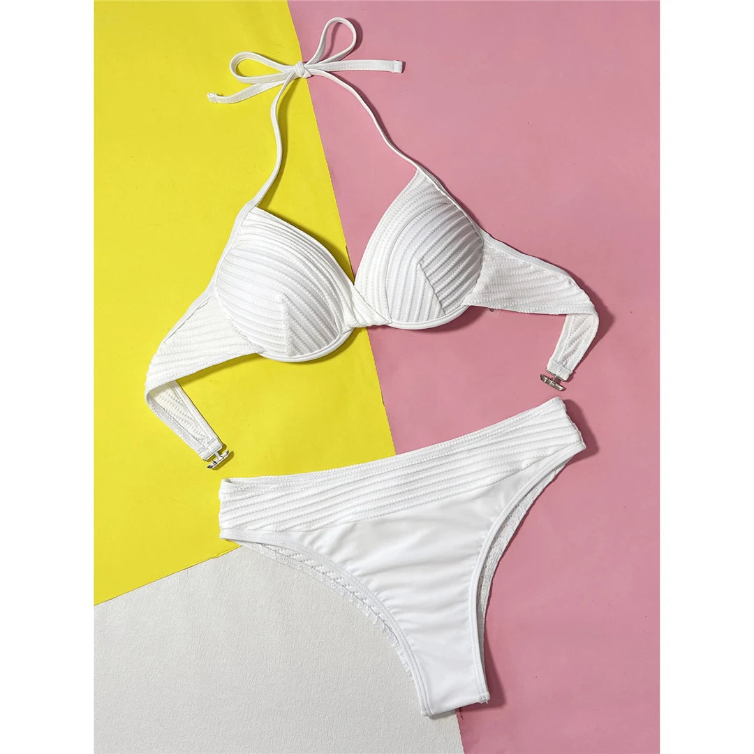Wrinkled Halter Underwired Bikini Women Swimwear Female Swimsuit Two-Pieces Bikini Set Mid Waist Bather Bathing Suit Swim V5440