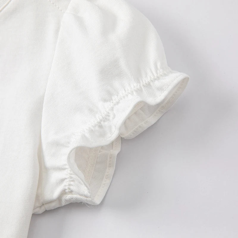 Dave Bella Baby Girl White T-shirts Cartoon Printed Girls Tees Children Tops Puff Sleeves Kids Clothes DB2221905