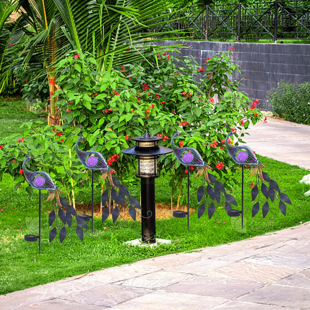 1pc Peacock Solar Garden Light, Solar Landscape Lights Metal Solar Pathway Stake Lights with Crackle Glass Ball Decor Lights