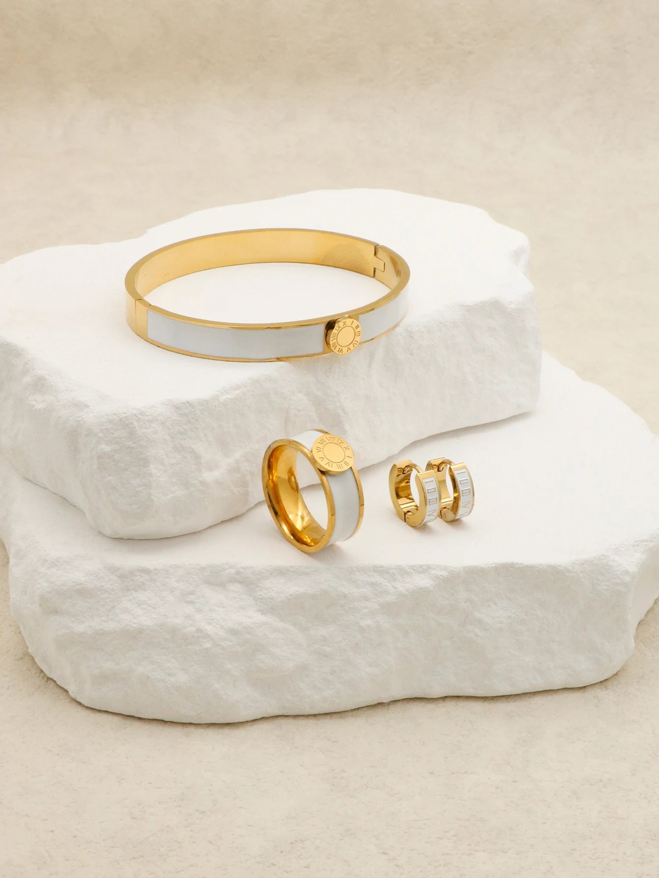 1set/4pcs New Trendy Round Roman Numerals Bracelet Stainless Steel Enamel Bangles Ring Earrings Jewelry Set Women Orange Color