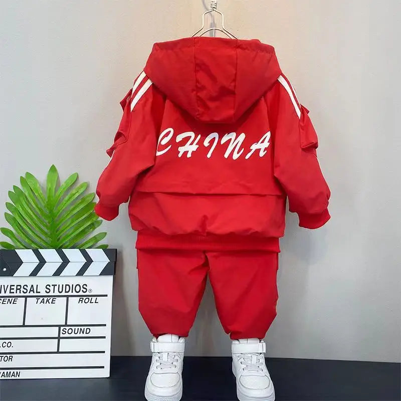 Baby Boys' Clothing Set Spring and Autumn New Handsome Children's Hooded Jacket Pants Two Piece Clothing Sports Set 2-9Y