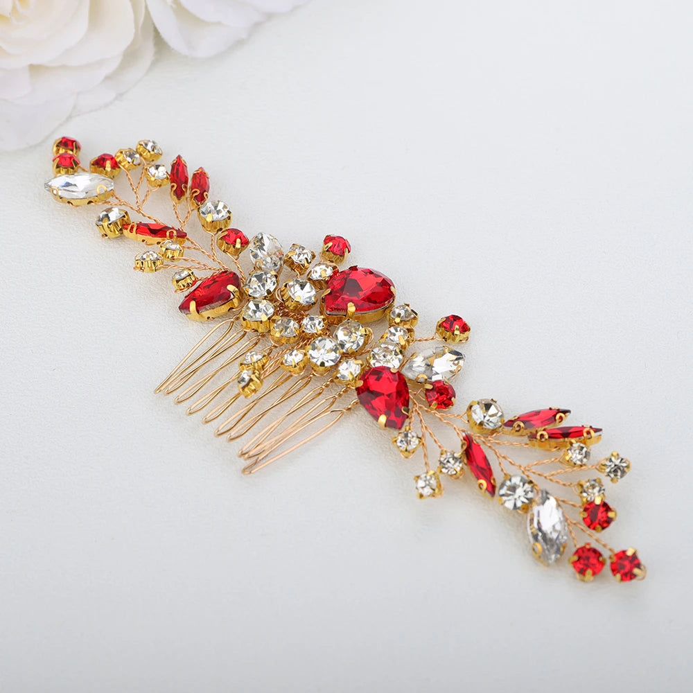 Crystal Flower Bride Hair Accessories Red Wedding Head Jewelry Blue Rhinestone Headdresses Women Hair Comb 9 Colors Headpieces